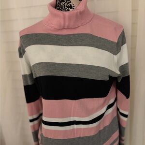 Investments Pink, Gray & Black Striped Turtleneck Sweater